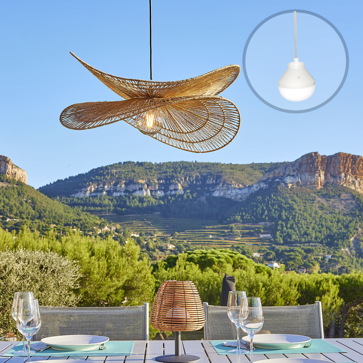 Suspension SOLARA NOMAD en jute naturel style bohème avec ampoule LED nomade