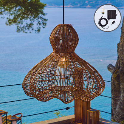 Suspension solaire RONDA SOLAR en rotin naturel avec câble hybride secteur et solaire 5m de longueur