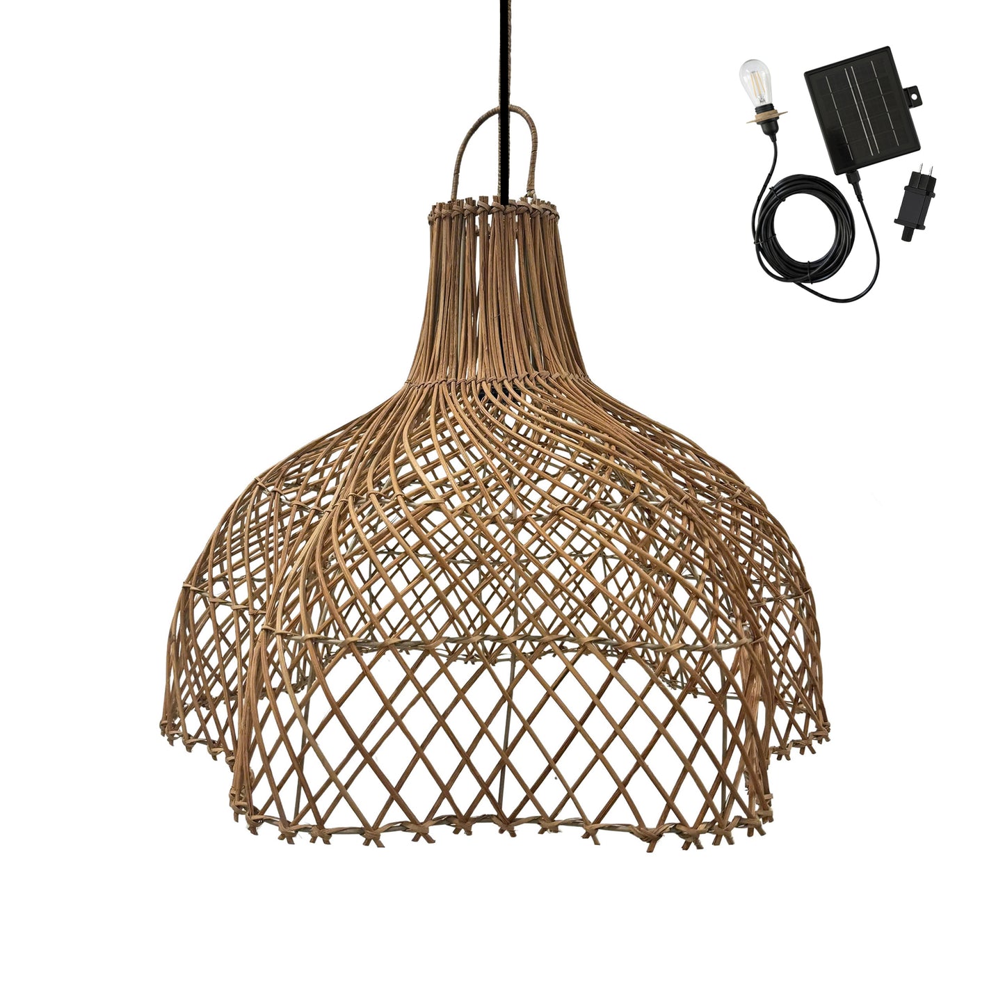 Natural bohemian solar hanging lamp in braided basketry style warm white LED MAYA H39cm