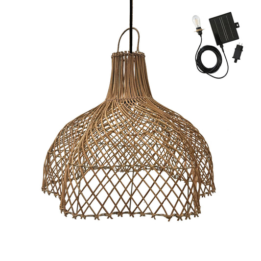 Natural bohemian solar hanging lamp in braided basketry style warm white LED MAYA H39cm