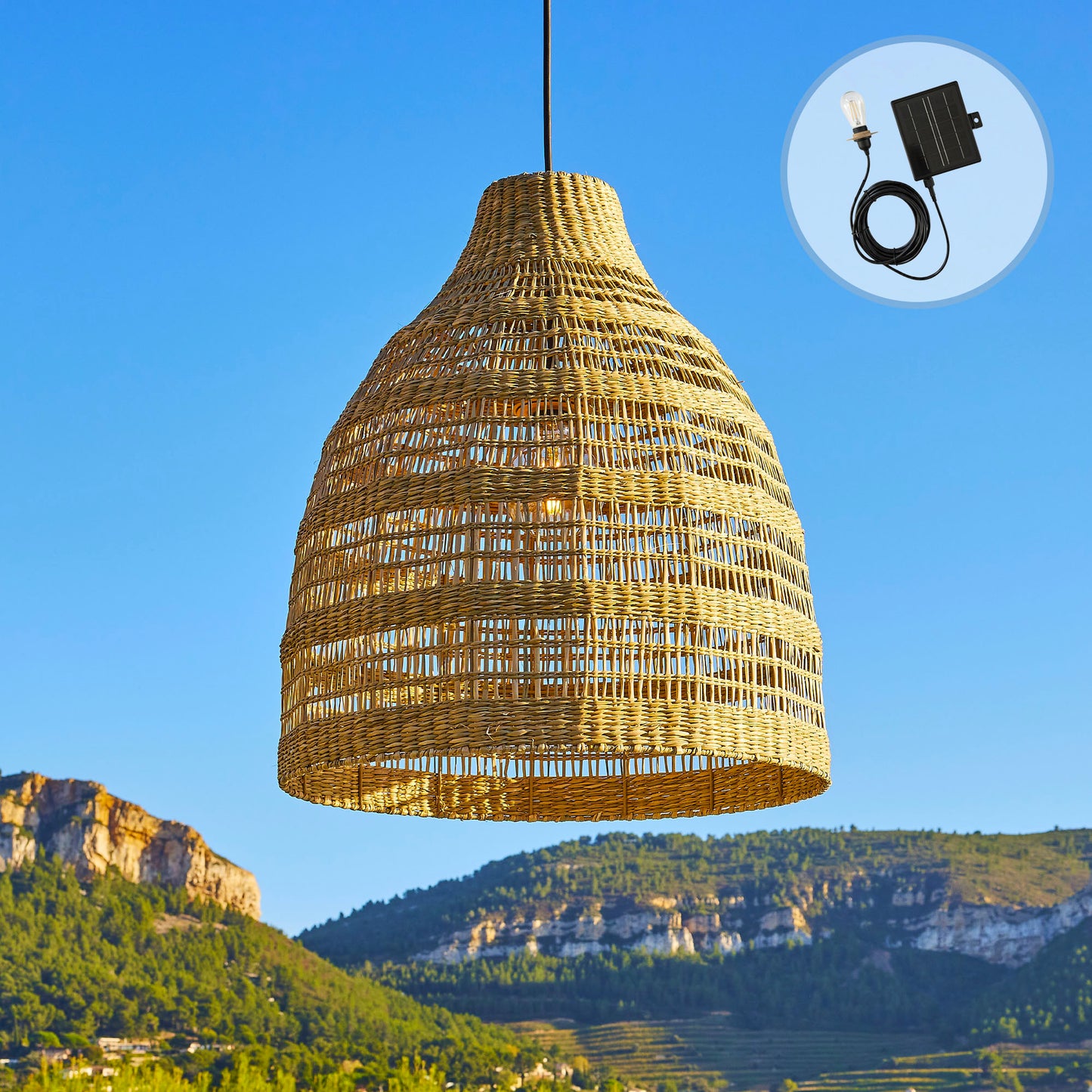 Natural bohemian solar hanging lamp in braided basketry style warm white LED HOLIDAY H42cm