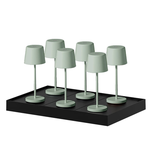 Lot de 6 mini lampes de table touch sans fil en aluminium LED KELLY MINI OLIVE blanc dimmable H22cm avec plateau de chargement