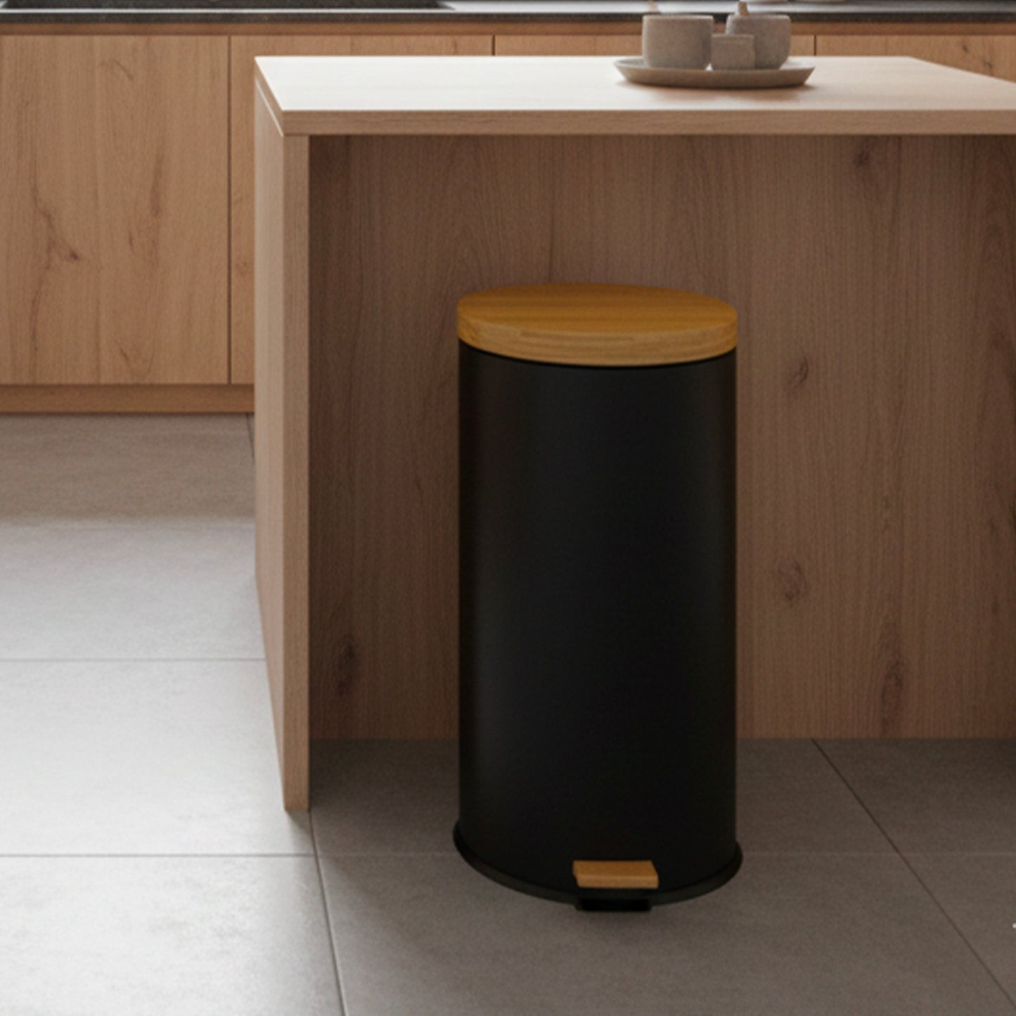 Kitchen wood bin with pedal 30L Natural FOREST Black in stainless steel bamboo lid with bucket