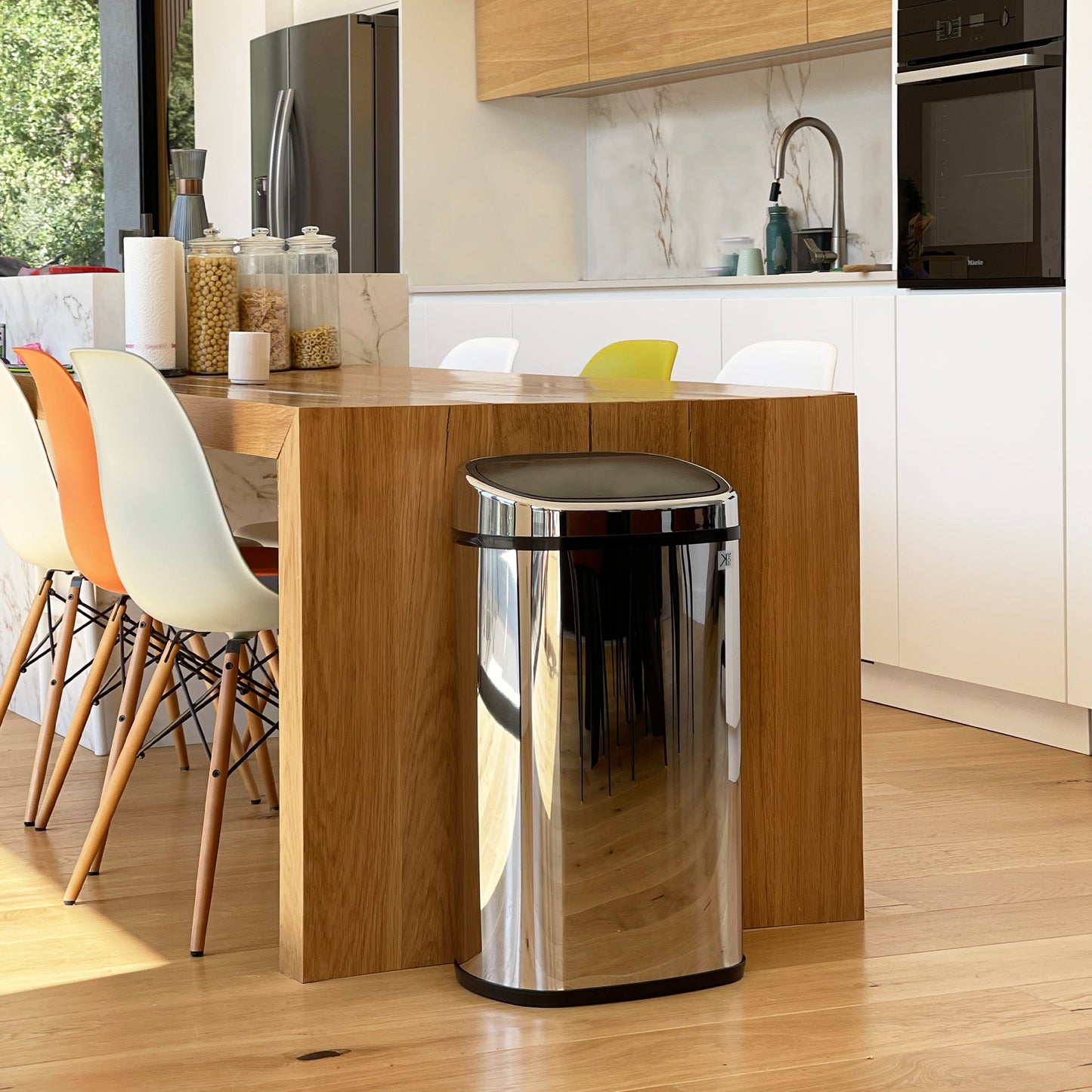 CITY push kitchen bin 50L in stainless steel with strapping Opening by simple pressure