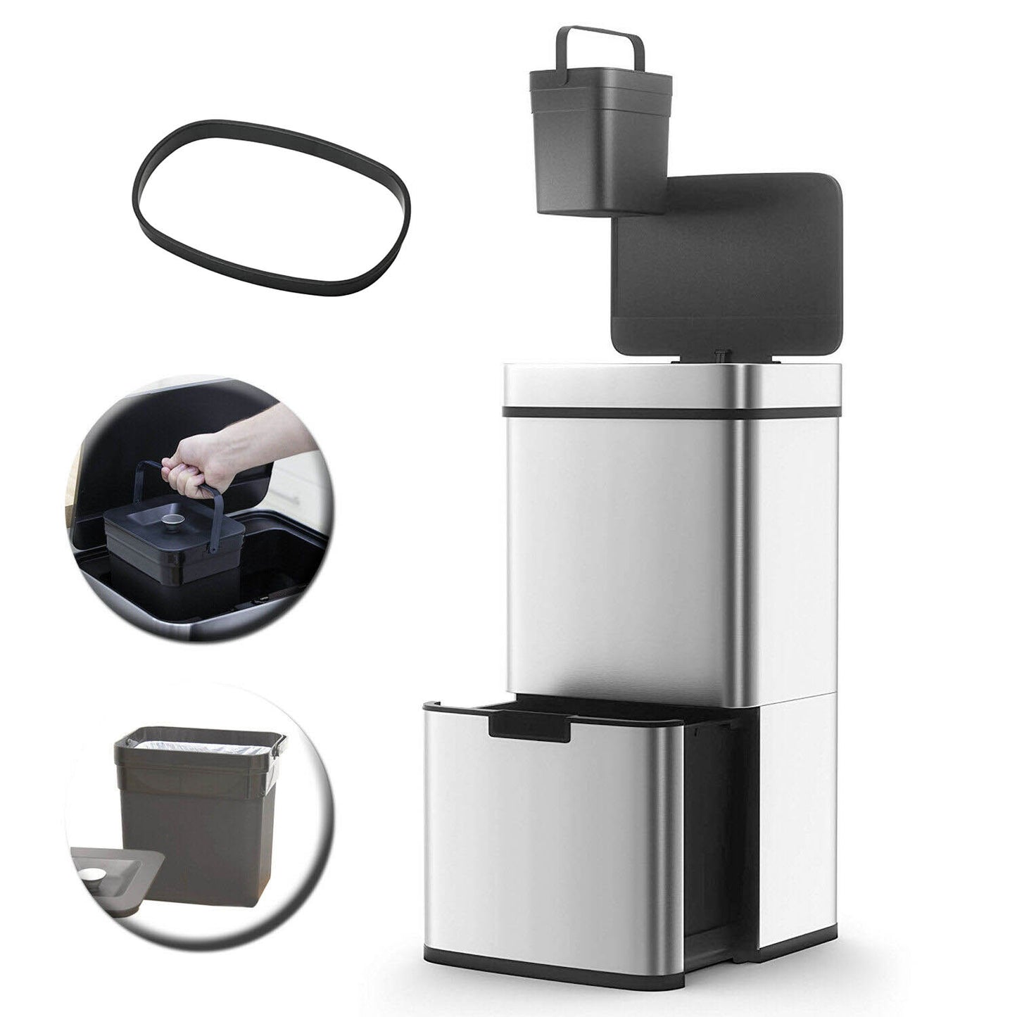 NARVIK 75l Double Compartment Automatic Kitchen Trash Can In Stainless Steel Recycling Large Capacity And Table Trash Can 3l