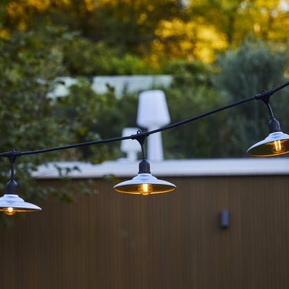 Outdoor light garland with industrial style steel shade 10 filament bulbs E27 socket warm white LED BOWL GALVA LIGHT 6m