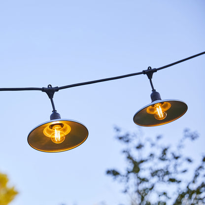 Outdoor light garland with industrial style steel shade 10 filament bulbs E27 socket warm white LED BOWL GALVA LIGHT 6m