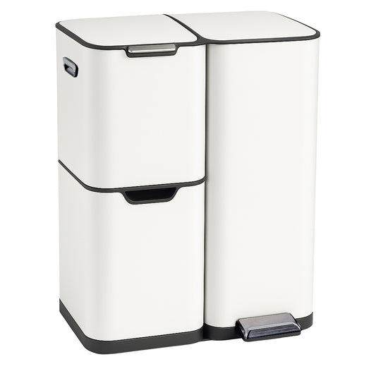 Poubelle de cuisine à pédale tri sélectif recyclage 60L(13+17+30L) HAJA en acier Inox Blanc avec seau