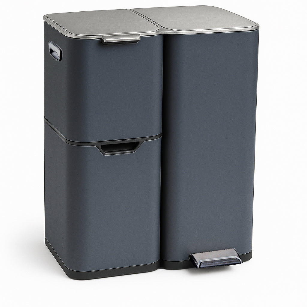 Poubelle de cuisine à pédale tri sélectif recyclage 60L(13+17+30L) HAJA en acier Inox Gris avec seau