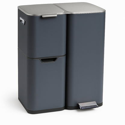 Poubelle de cuisine à pédale tri sélectif recyclage 60L(13+17+30L) HAJA en acier Inox Gris avec seau