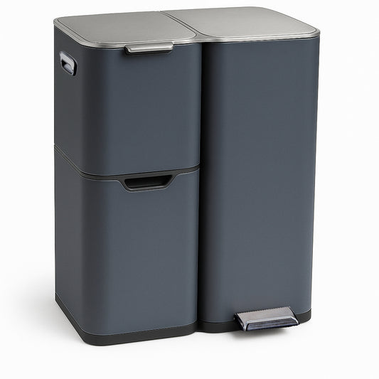 Poubelle de cuisine à pédale tri sélectif recyclage 60L(13+17+30L) HAJA en acier Inox Gris avec seau