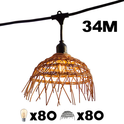 Guirlande lumineuse extérieure raccordable 34m avec 80 ampoules LED filament E27 blanc chaud HAWAII LIGHT Abat-jour polyrotin bohème