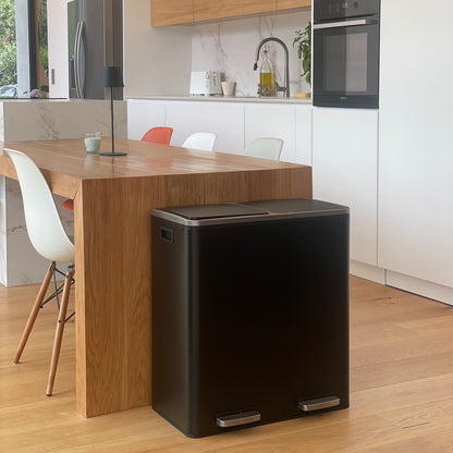 MAJOR 60L (2x30L) large capacity tri-selective pedal kitchen bin in matt black stainless steel