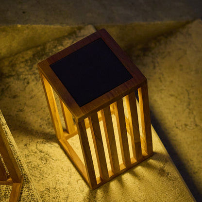 CHENNAI warm white LED decorative solar lantern in solid teak wood H30cm