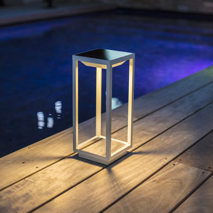 Chic white solar lantern in aluminum to be planted to stand or fixed to the ground LED warm white HYDRA H34cm with switch