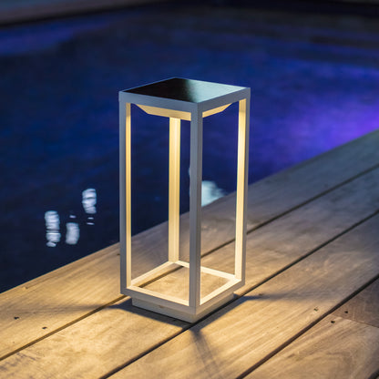 Chic white solar lantern in aluminum to be planted to stand or fixed to the ground LED warm white HYDRA H34cm with switch