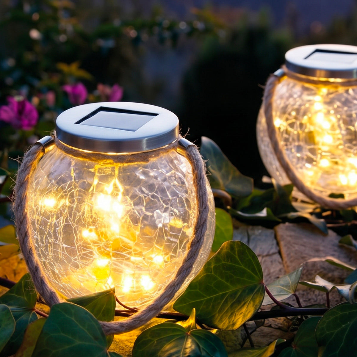 Set of 2 solar-powered balls in crackled glass to be placed with micro LED rope handle, warm white CRACK BALL CORD H13cm