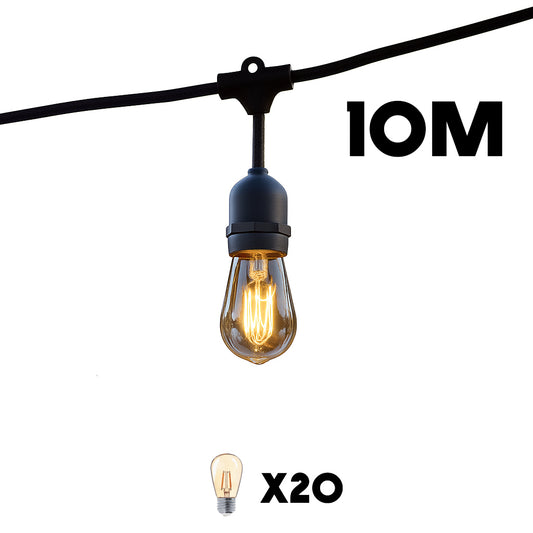 Outdoor light garland with 20 vintage filament bulbs E27 warm white LED socket MAFY 20 LIGHT 10m very bright