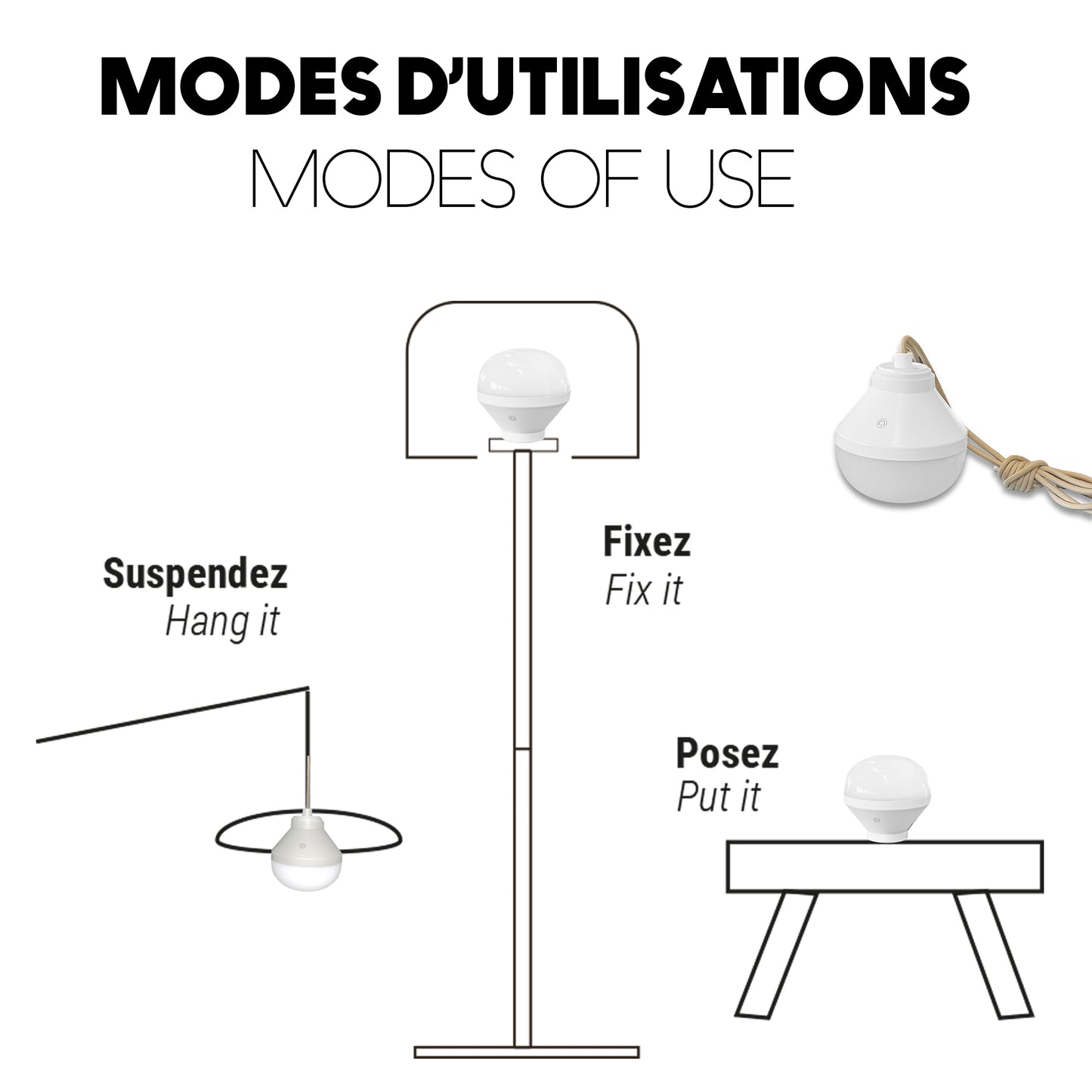 Suspension ANAFI NOMAD en jonc de mer naturel style bohème avec ampoule LED nomade