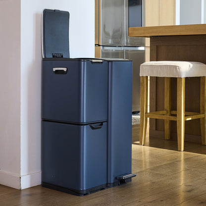 Poubelle de cuisine à pédale tri sélectif recyclage 60L(13+17+30L) HAJA en acier Inox Gris avec seau