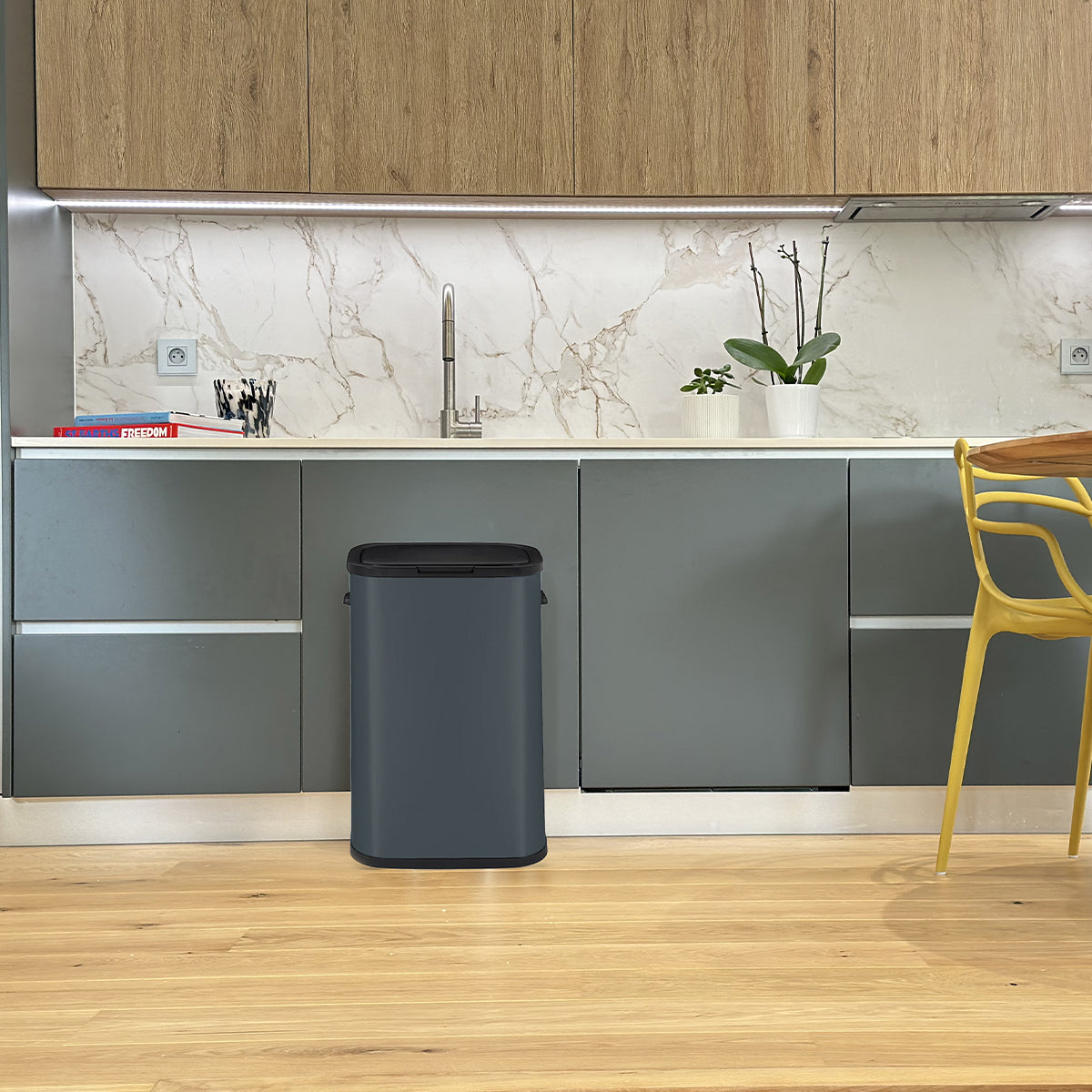 Poubelle de cuisine push 60L PORTLAND en acier Inox GRIS Ouverture par simple pression