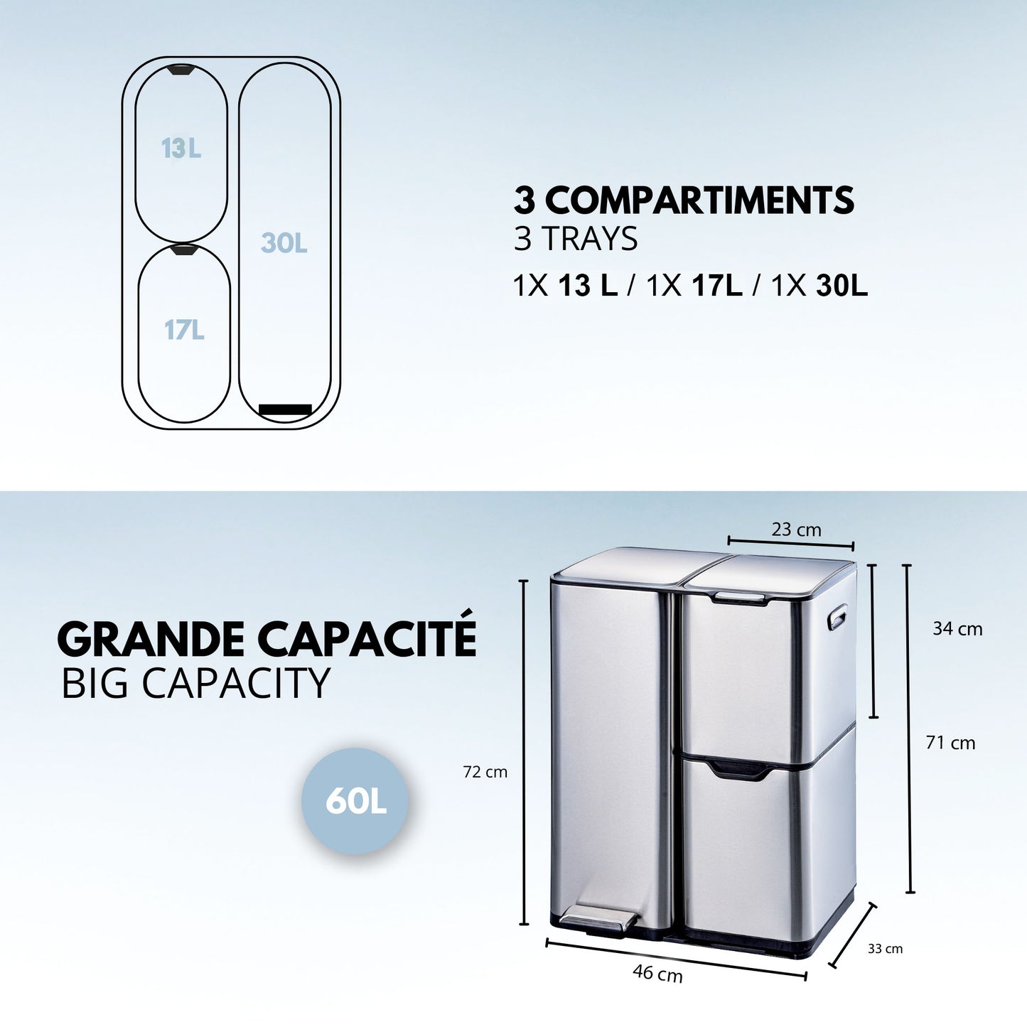 Sorting kitchen bin 24L (3x8L) TRIO 3 compartments in brushed stainless steel