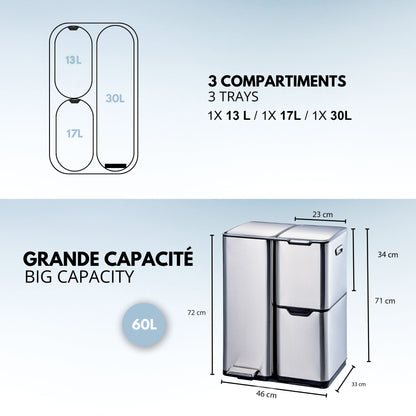 Sorting kitchen bin 24L (3x8L) TRIO 3 compartments in brushed stainless steel
