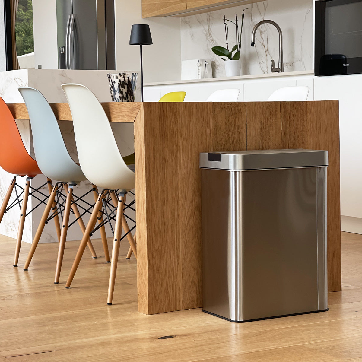Automatic kitchen bin 60L SILVERLAKE in stainless steel with strapping Large capacity butterfly opening