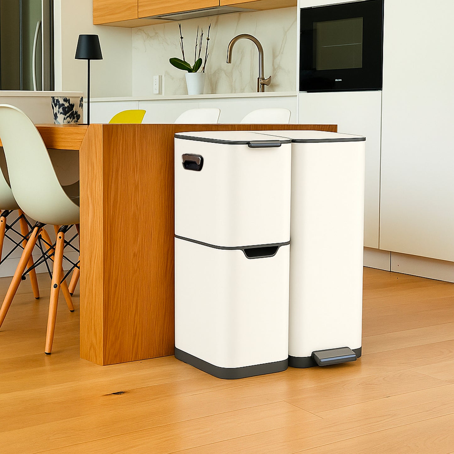 Poubelle de cuisine à pédale tri sélectif recyclage 60L(13+17+30L) HAJA en acier Inox Blanc avec seau
