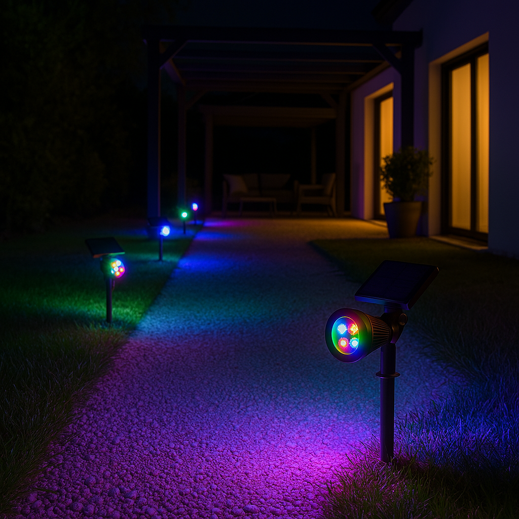 Set of 2 solar-powered 2-in-1 spotlights to stick in or fix, dimmable multicolored LED SPIKY C34 H42cm