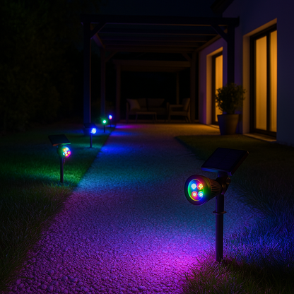 Set of 2 solar-powered 2-in-1 spotlights to stick in or fix, dimmable multicolored LED SPIKY C34 H42cm