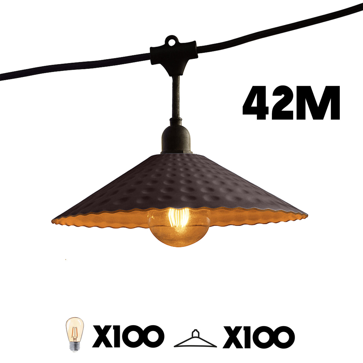 Guirlande lumineuse extérieure raccordable 42m avec 100 ampoules LED filament E27 blanc chaud VINTY LIGHT et abat-jour en métal style vintage