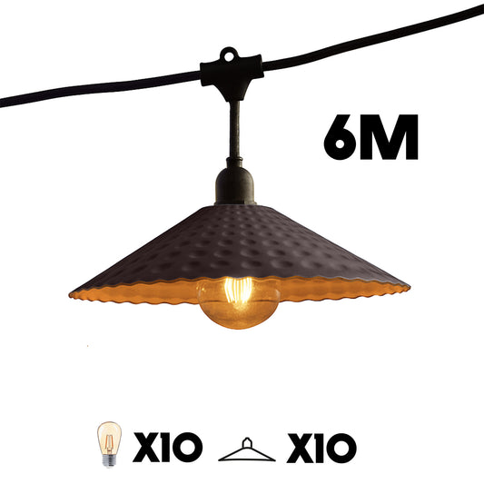 Outdoor light garland with vintage style steel shade 10 filament bulbs E27 socket warm white LED VINTY LIGHT 6m