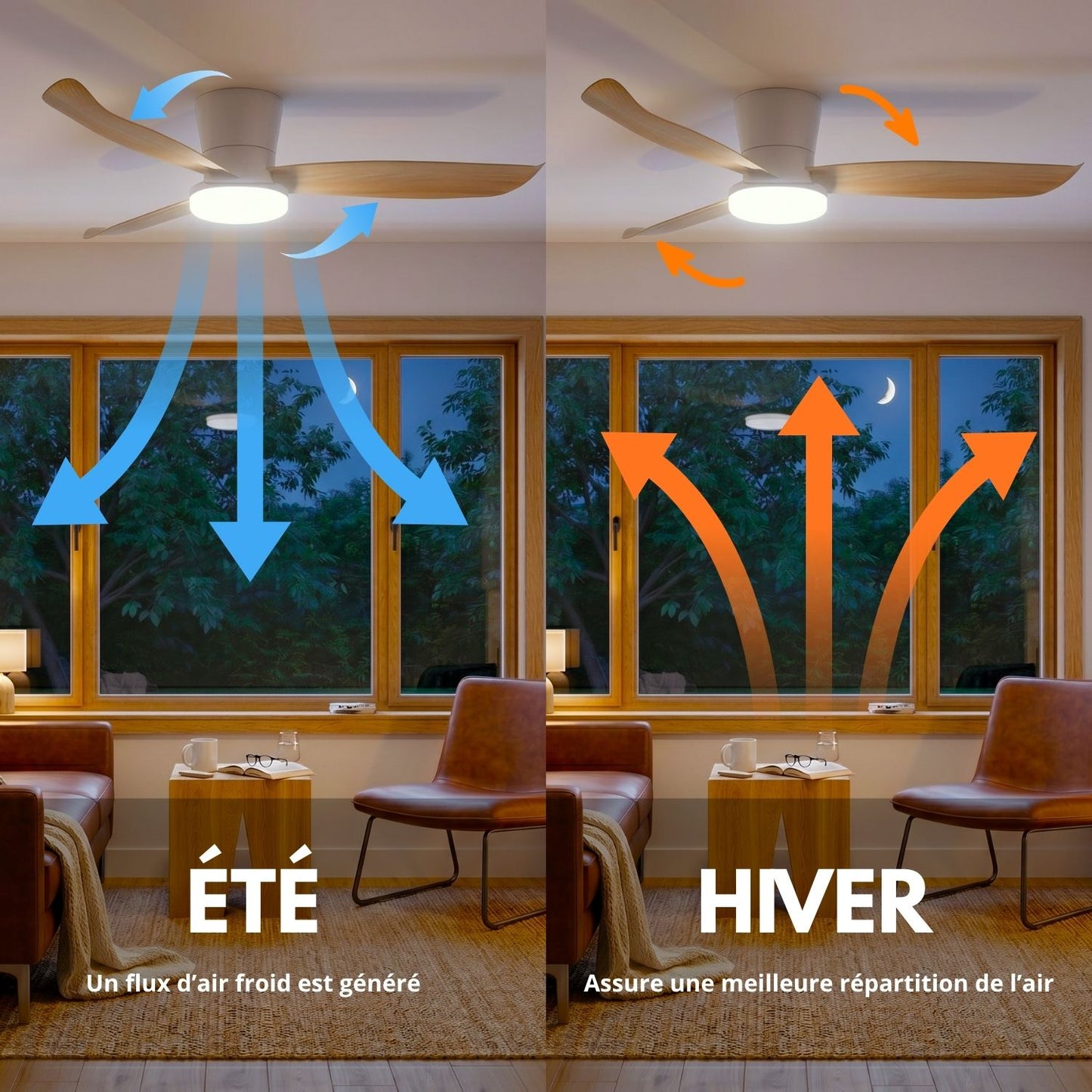 Ventilateur de Plafond BOREAL 107cm avec Éclairage LED 30W Intégré Grand Ventilateur Silencieux 35dB pour Salon Chambre Salle à Manger Moteur DC 30W Basse Consommation Réversible Mode Été Hiver avec Télécommande 2100 Lumens Blanc et Bois