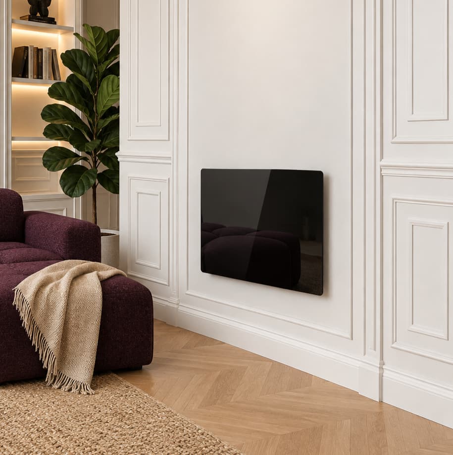 Black electric radiator with dry inertia CERAMIC block + GLASS facade LCD screen 1000W GLASS Standard NF