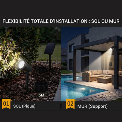Lot de 2 spots solaires projecteurs 2en1 à piquer ou à fixer éclairage puissant dimmable LED blanc SPIKY AWAY H38cm