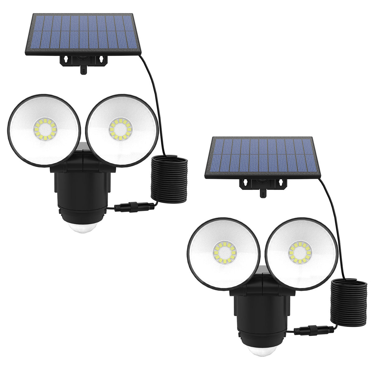 Lot de 2 projecteurs solaires deux têtes orientables LED blanc 1000 lumens panneau solaire déporté avec détecteur de mouvement 2x WALEE BLACK