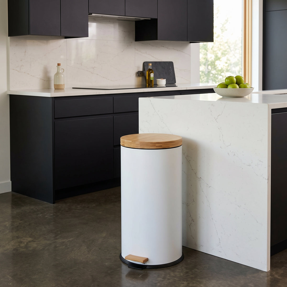 Kitchen wood bin with pedal 30L Natural FOREST White in stainless steel bamboo lid with bucket