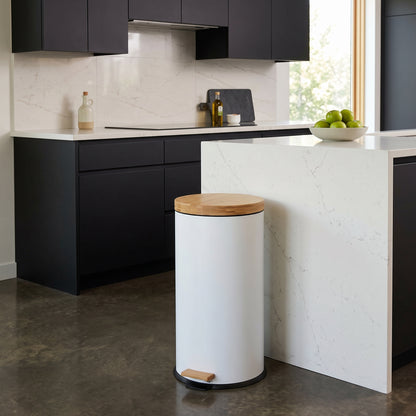 Kitchen wood bin with pedal 30L Natural FOREST White in stainless steel bamboo lid with bucket