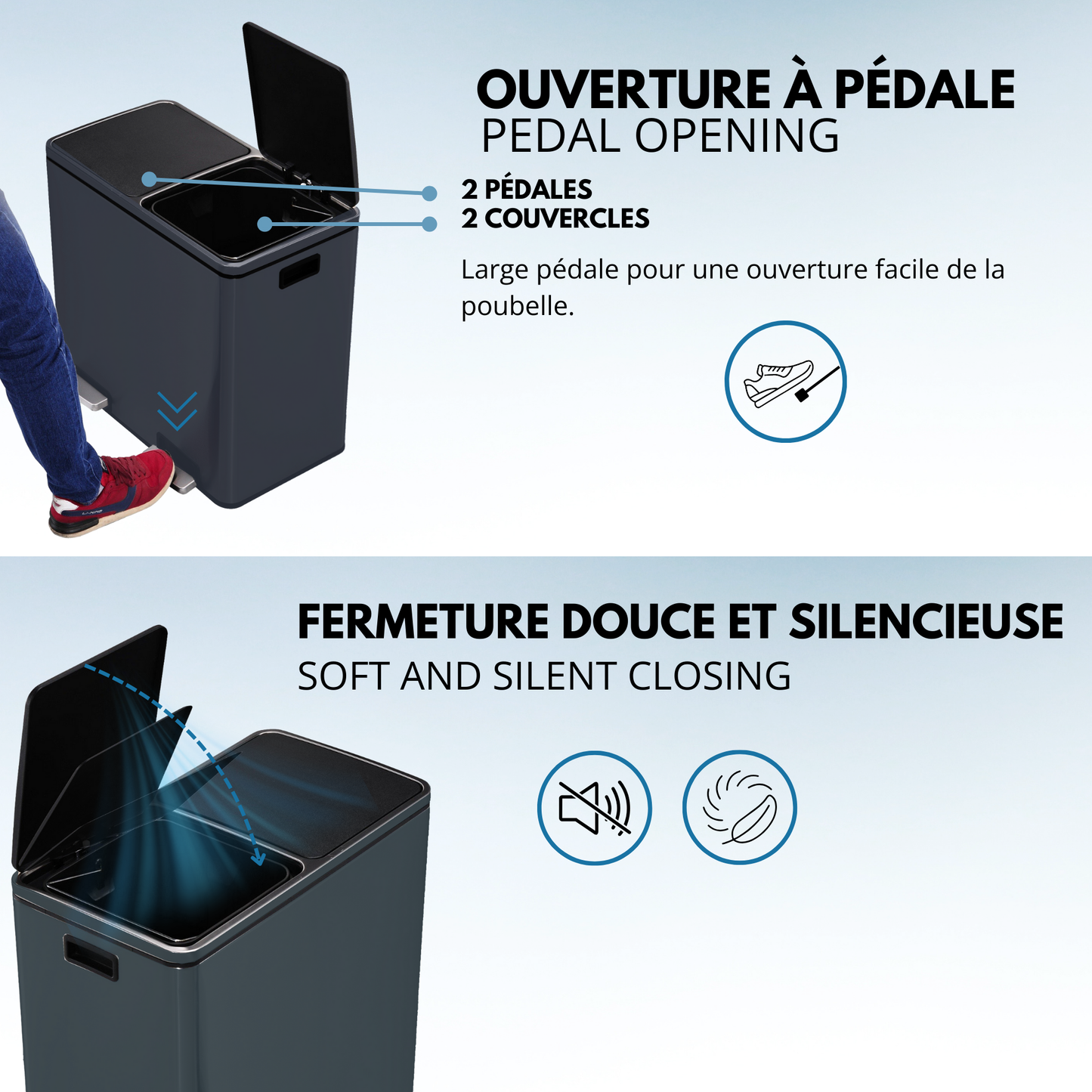 MAJOR 60L (2x30L) large capacity tri-selective pedal kitchen bin in matt black stainless steel