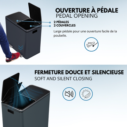 MAJOR 60L (2x30L) large capacity tri-selective pedal kitchen bin in matt black stainless steel