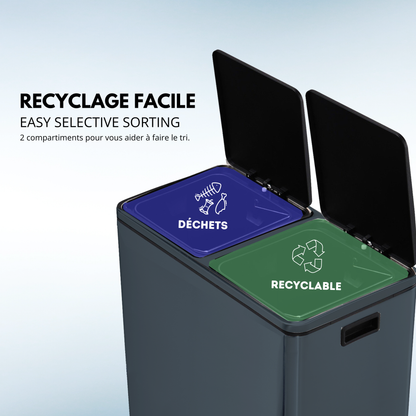MAJOR 60L (2x30L) large capacity tri-selective pedal kitchen bin in matt black stainless steel