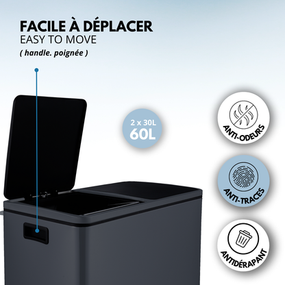 MAJOR 60L (2x30L) large capacity tri-selective pedal kitchen bin in matt black stainless steel