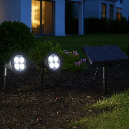 Double solar spotlight connected with remote solar panel 2 in 1 to prick or to fix powerful white LED dimmable lighting FAMILY SPIKY H34cm