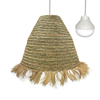 Suspension XXL BIG ANAFI NOMAD en jonc de mer naturel style bohème avec ampoule LED nomade