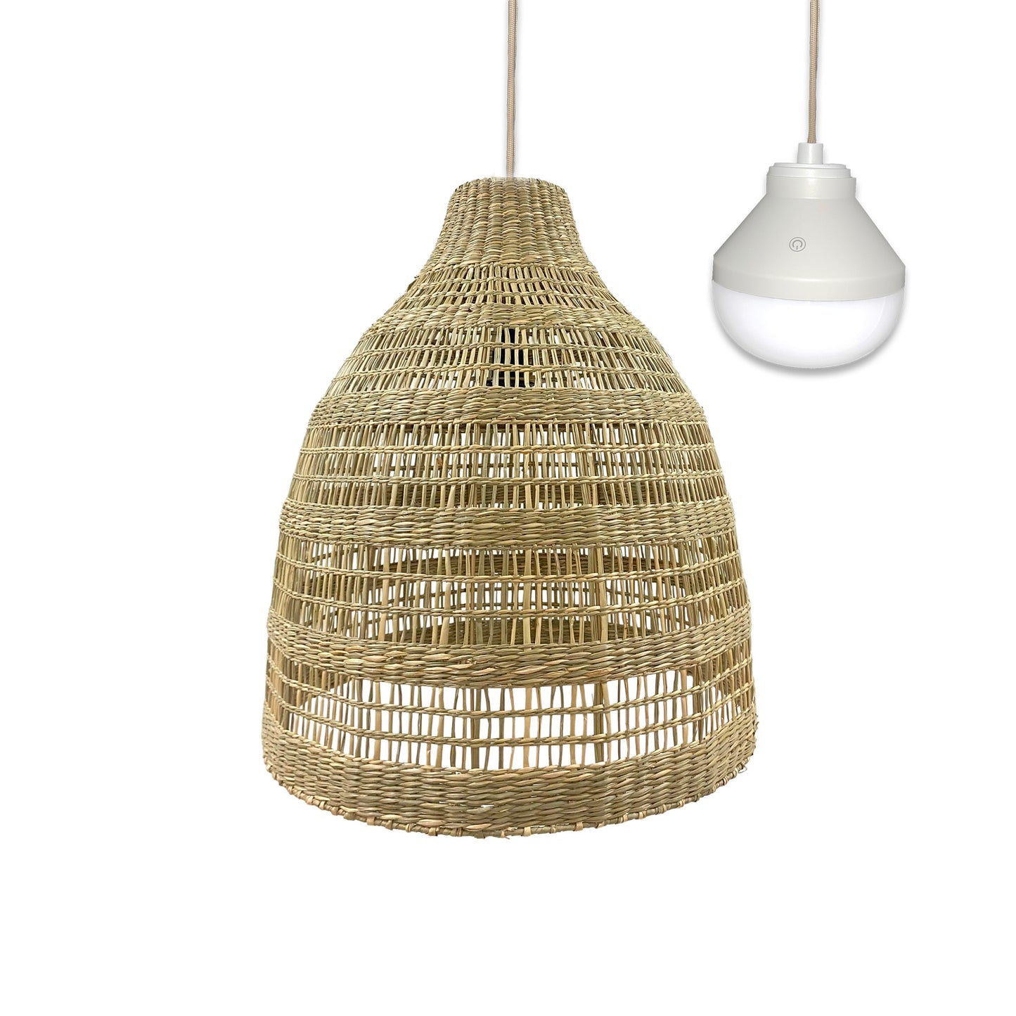 Suspension FREYA LONG NOMAD en herbe marine naturelle style bohème avec ampoule LED nomade