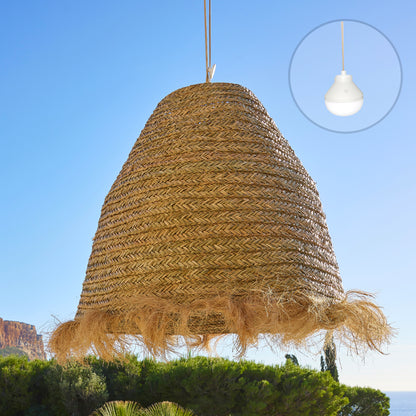 Suspension XXL BIG ANAFI NOMAD en jonc de mer naturel style bohème avec ampoule LED blanc/RGB nomade