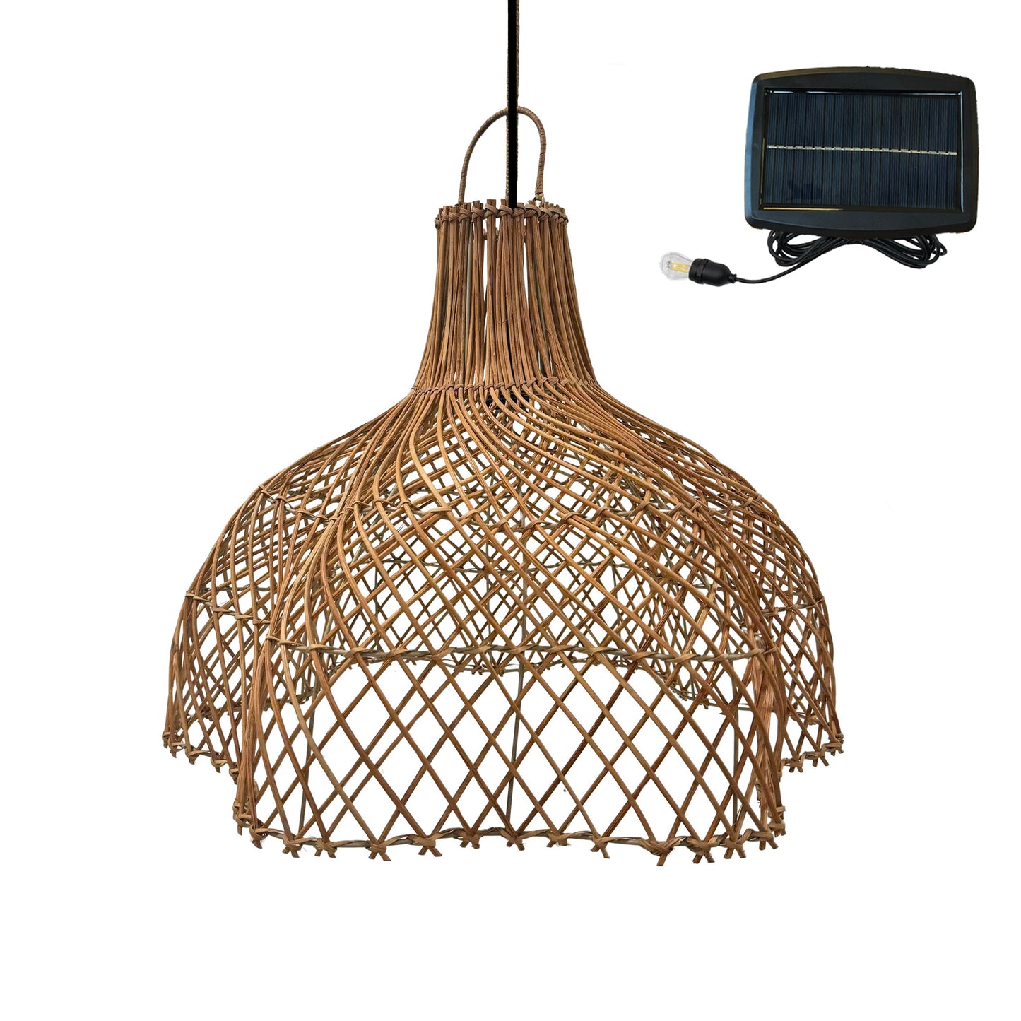 Natural bohemian solar hanging lamp in braided basketry style warm white LED MAYA H39cm