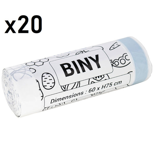 Set of 20 white bin bags 50L 60 x H75 CM BINY Ultra resistant 23 microns with drawstring