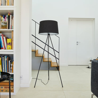 Tripod floor lamp ELLIA BLACK black fabric shade and metal foot with E27 socket H140 cm